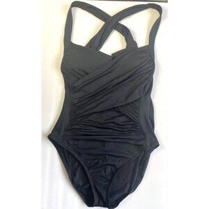 La Biana Swimsuit Woman 12 Black Stretch One Piece  Ruched Cross Back